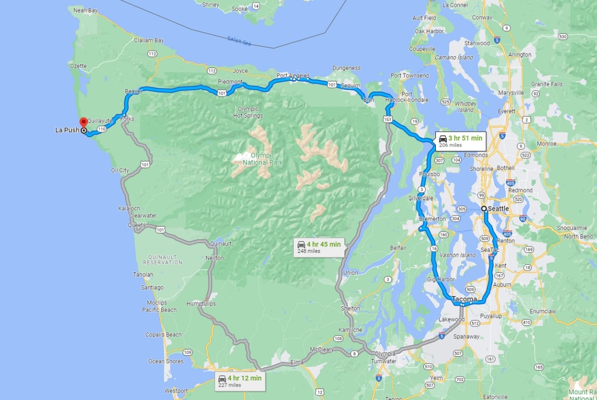 map that shows driving routes from Seattle to La Push