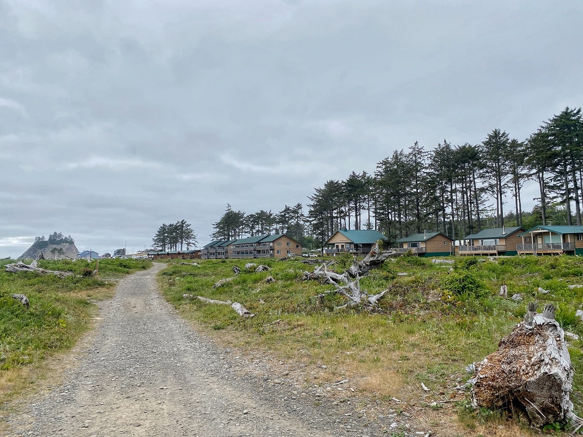 Quileute Oceanside Resort cabins and accommodations in the background surrounded by trees and connected by walking paths 