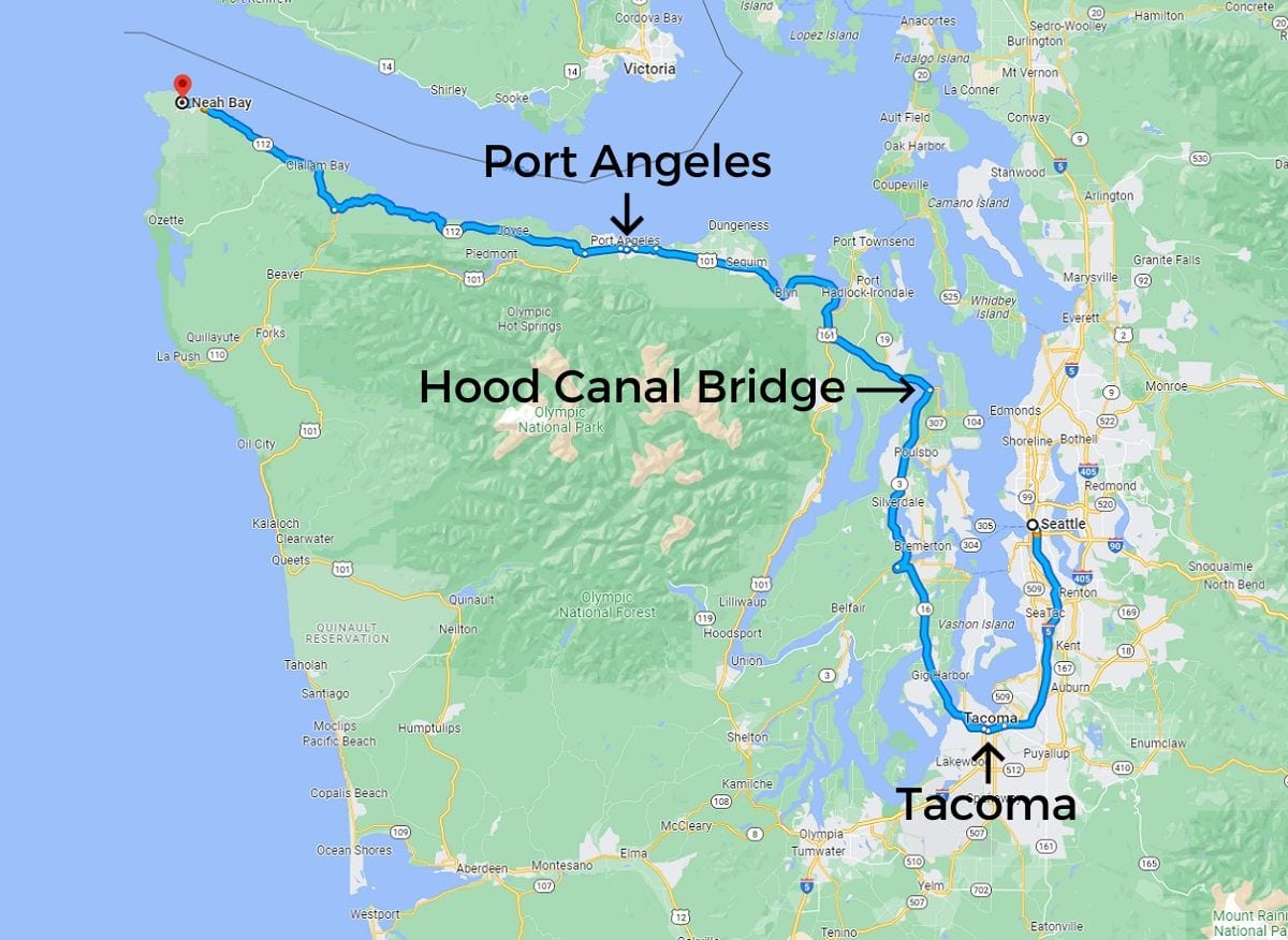 map that shows driving route from Seattle to Neah Bay