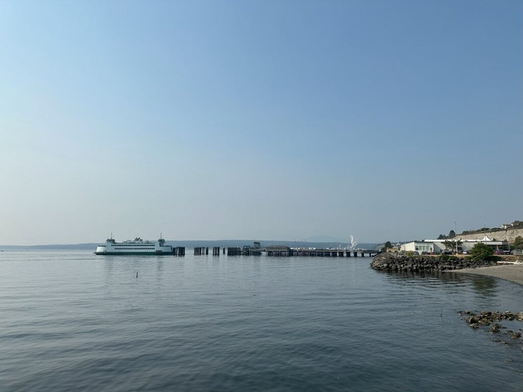 Ferry approaching the dock in Port Townsend on a clear, calm day