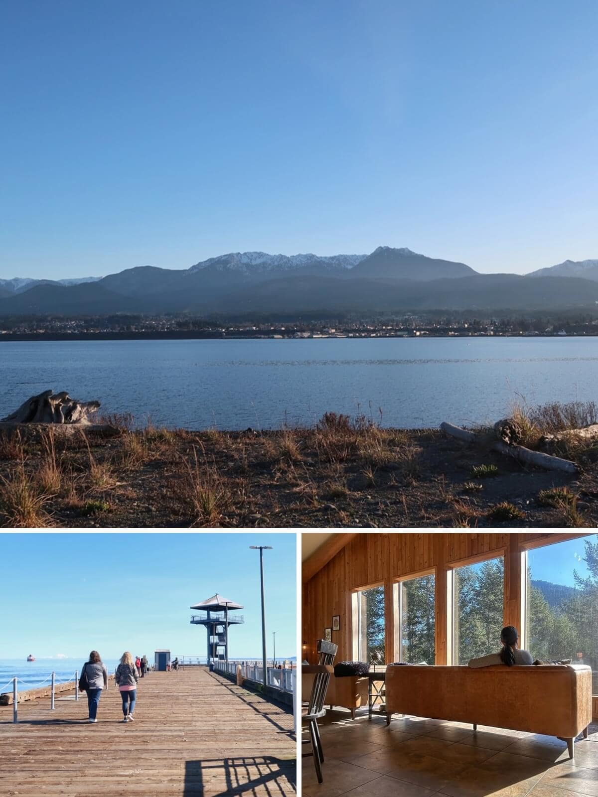 Port Angeles collage featuring a driftwood-covered shoreline with views of the Olympic Mountains, people walking on City Pier, and a cozy interior scene at Terra Vista Chalet overlooking the forest.