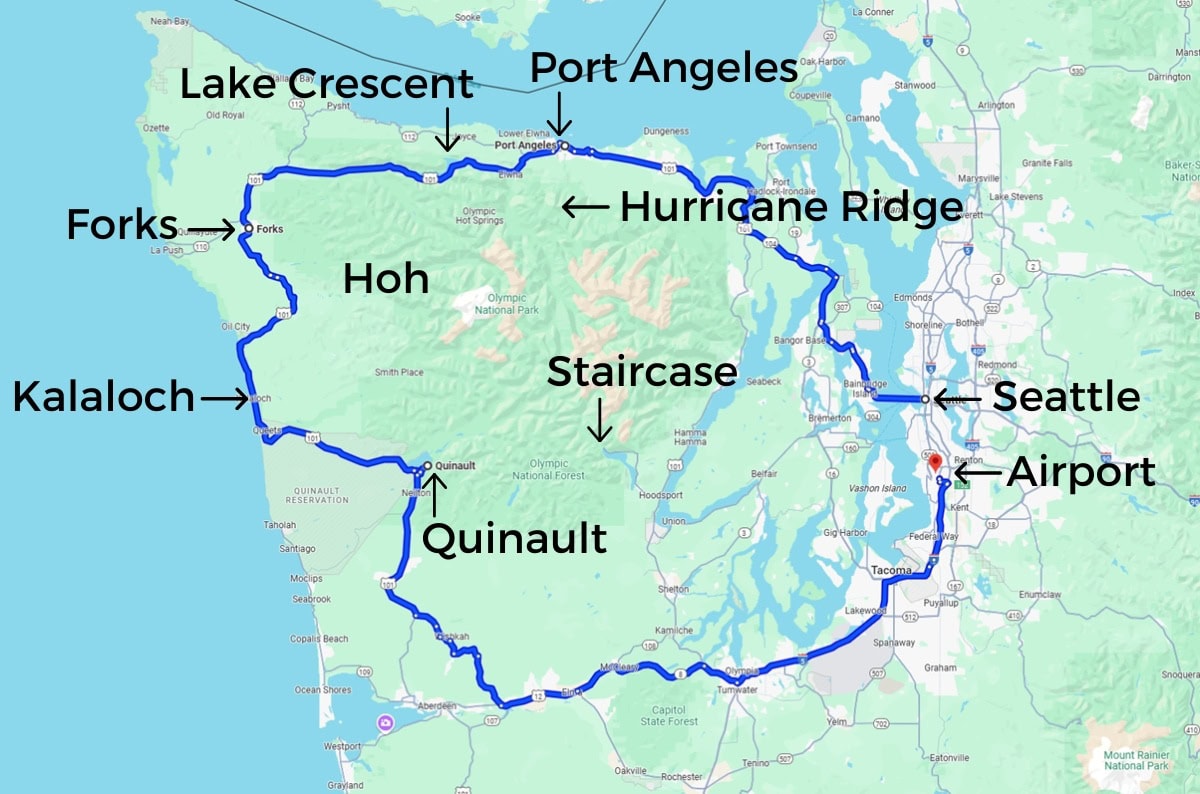 Plan a trip to Olympic National Park with this illustrated map of the Highway 101 loop, highlighting key stops like Port Angeles, Lake Crescent, Hurricane Ridge, Hoh, Kalaloch, Quinault, and Staircase, along with starting points in Seattle and the airport.