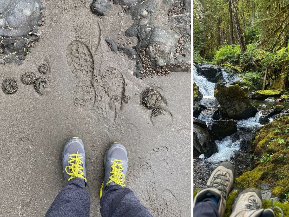 Side-by-side photos showing different types of hiking footwear: on the left, a person in gray trail runners with yellow laces stands on wet sand beside deep tread prints and anemones; on the right, a hiker in beige hiking boots relaxes beside a mossy stream and small waterfall in a forest.