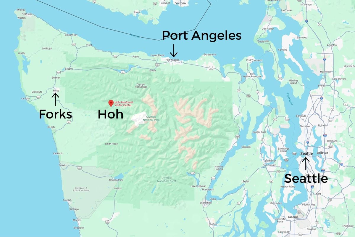 A map highlights the location of the Hoh Visitor Center in Olympic National Park, with markers showing nearby cities like Forks, Port Angeles, and Seattle. The maps illustrate the Hoh’s proximity to the Pacific coast and major highways, helping visitors plan their route through Washington’s lush landscapes.