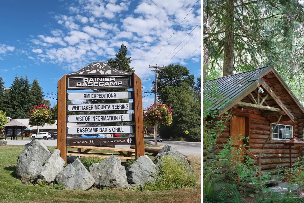Two images of Ashford, WA. On the left, a large wooden sign for Rainier Basecamp lists RMI Expeditions, Whittaker Mountaineering, visitor info, and the Basecamp Bar & Grill. On the right, a Copper Creek Cabin sits tucked in the forest, surrounded by greenery and dappled sunlight.