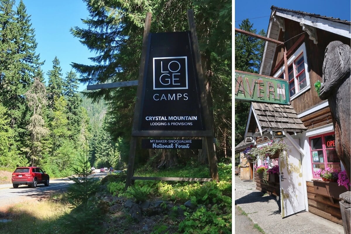 Two images from Crystal Mountain, WA. On the left, a sign for LOGE Alta Crystal stands along a forested road, with cars driving past. On the right, a rustic tavern with pink-trimmed windows and flower boxes sits under a vintage green sign, with a carved Bigfoot figure at the entrance.