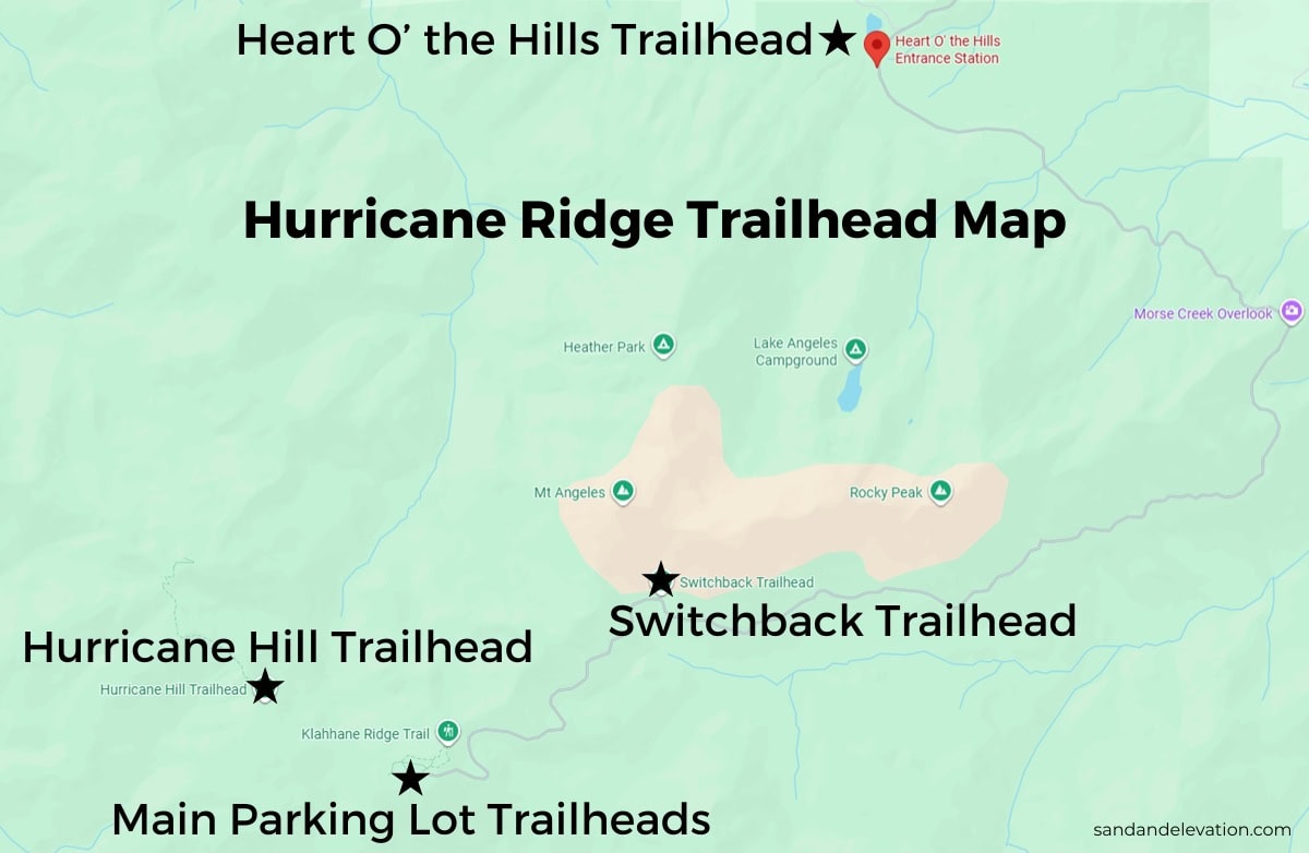 Hurricane Ridge trailhead map showing access points for Hurricane Hill, Klahane Ridge, Lake Angeles, and the main parking lot trails.