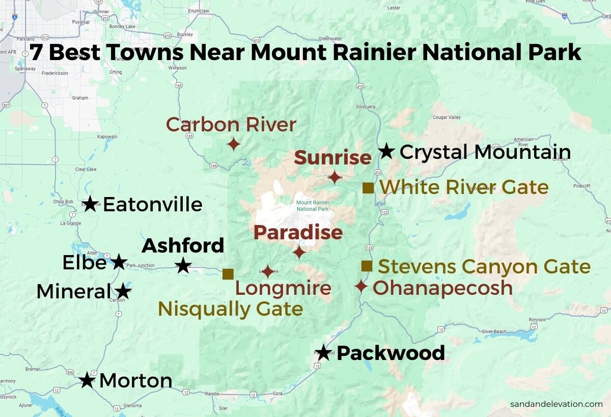 Map showing the 7 best cities and towns near Mount Rainier National Park, including Ashford, Packwood, Eatonville, Elbe, Mineral, Morton, and Crystal Mountain. It also highlights key park entrances and popular visitor areas such as Paradise and Sunrise.