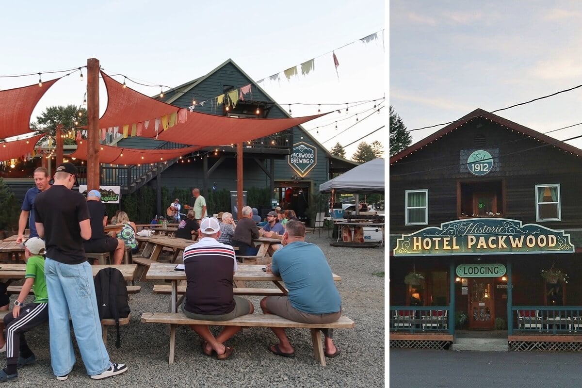 Two images of Packwood, WA. On the left, people gather at picnic tables under string lights and colorful canopies at Packwood Brewing Co. On the right, the Historic Hotel Packwood stands with a warmly lit entrance and vintage signage reading “Lodging.”