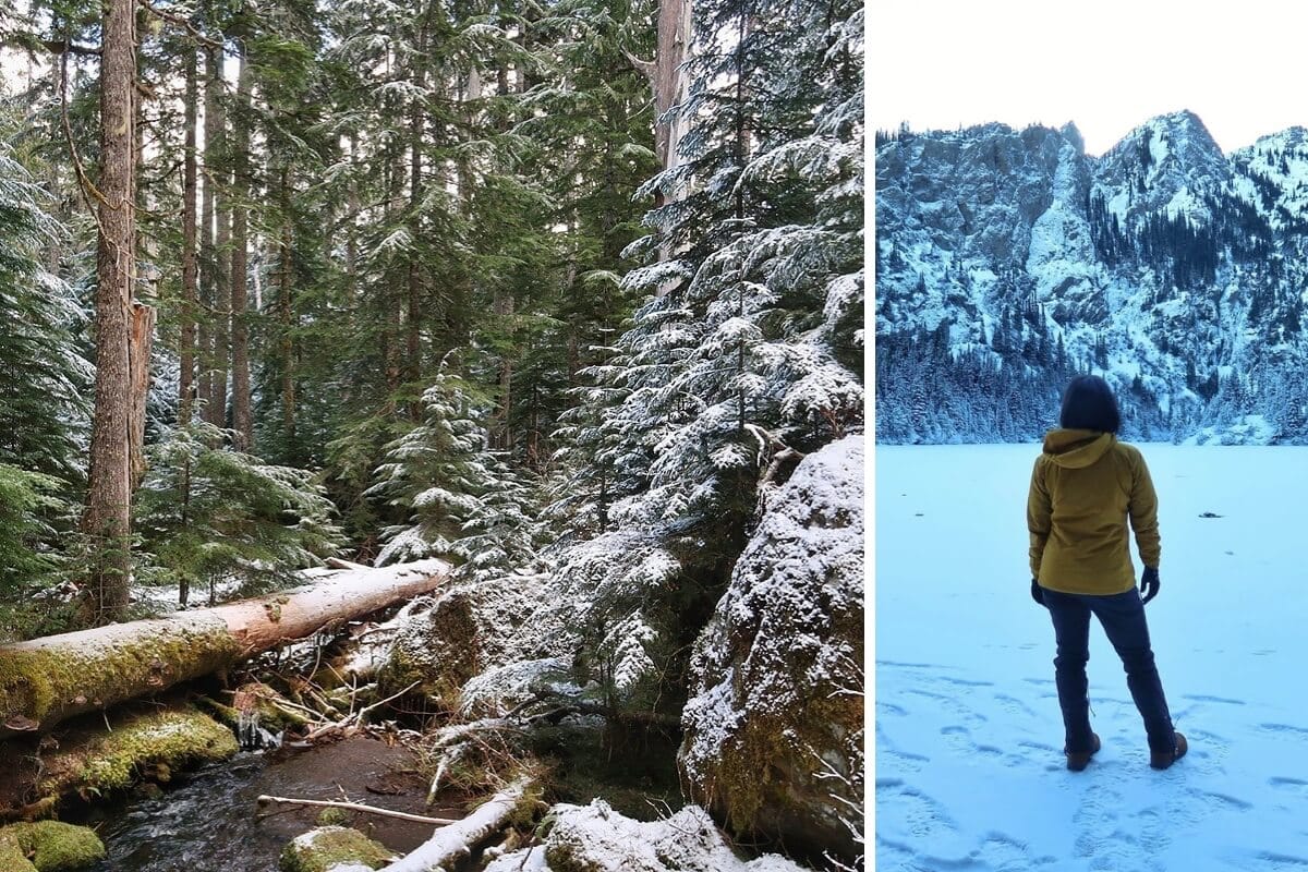Lake Angeles Trail in winter features a snow-dusted forest with a creek running beneath fallen logs, leading to a frozen alpine lake where a hiker stands facing towering, rugged cliffs coated in snow.