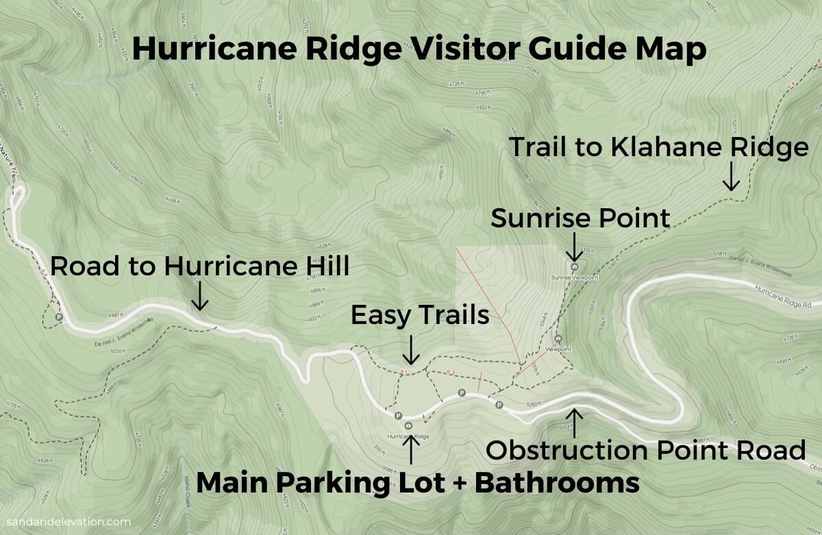 Hurricane Ridge Olympic National Park visitor guide map showing the main parking lot and bathrooms, the road to Hurricane Hill, Obstruction Point Road, Sunrise Point, and the trail to Klahane Ridge, all set against a topographic background.