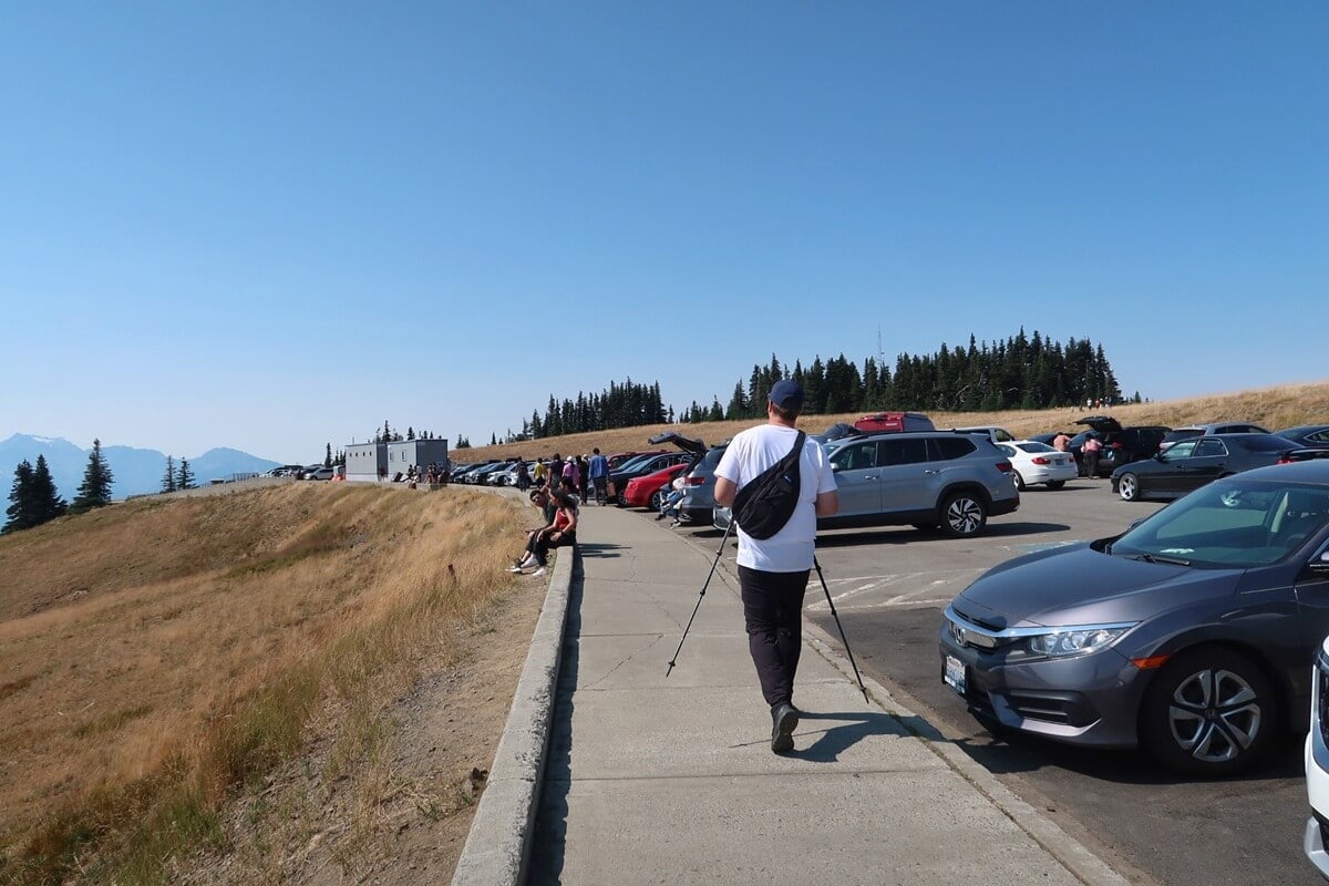Visitors walk and rest near a full Hurricane Ridge parking lot on a clear day, with one person carrying hiking poles and grassy slopes and distant mountains visible in the background.
