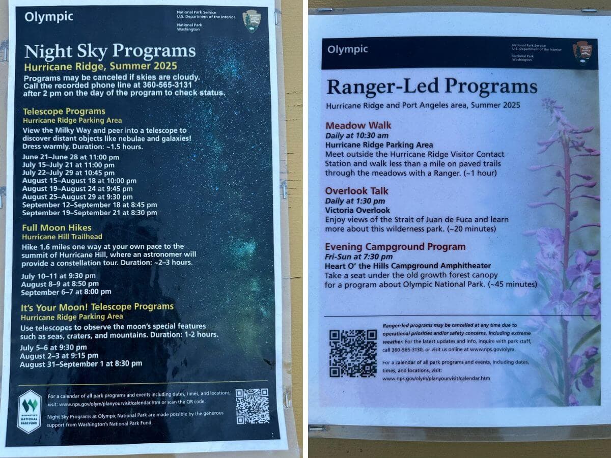 Flyers detail summer 2025 Night Sky and Ranger-Led Programs at Hurricane Ridge and Port Angeles in Olympic National Park. Offerings include telescope programs, full moon hikes, meadow walks, and overlook talks.