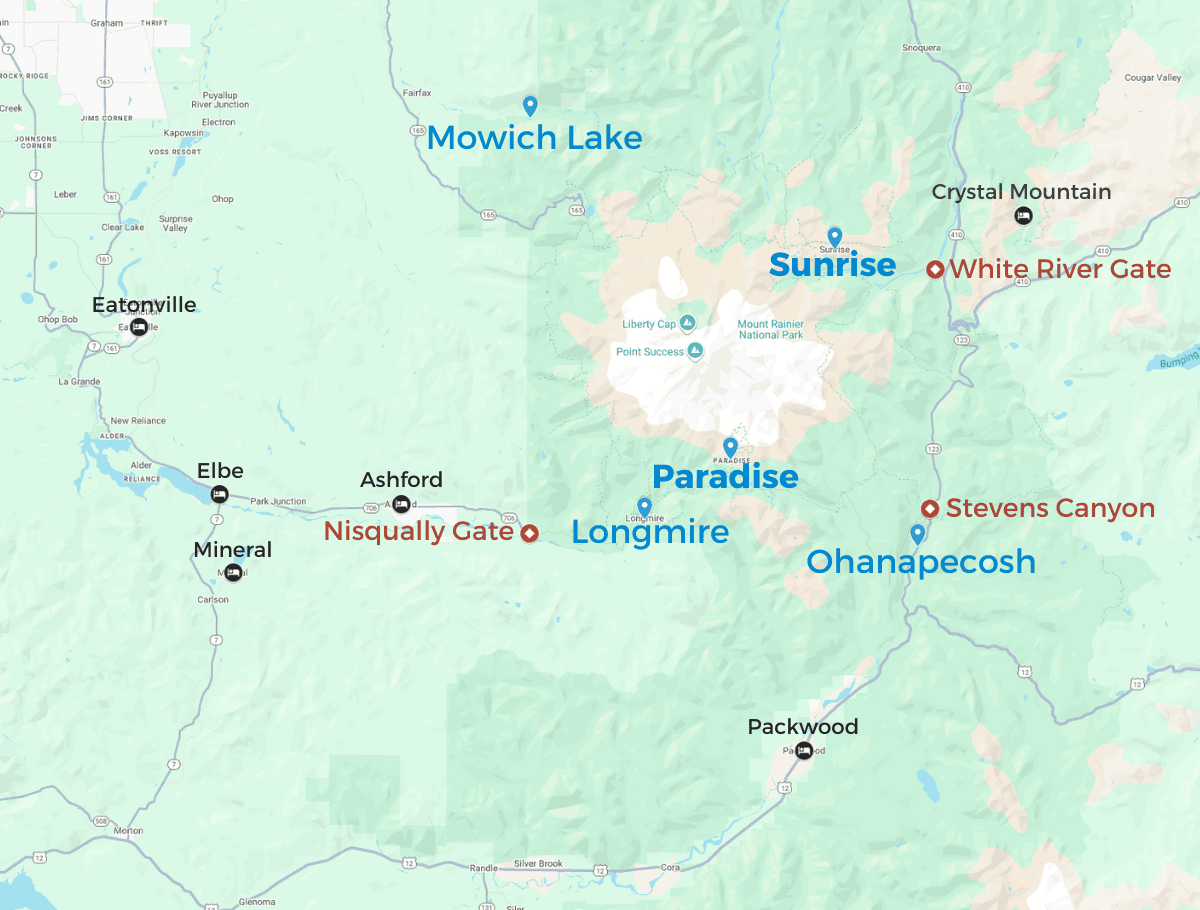 Map of Mount Rainier National Park showing labeled visitor areas and entrances, including Paradise, Sunrise, Longmire, Ohanapecosh, Mowich Lake, Stevens Canyon, Nisqually Gate, and White River Gate, with nearby towns such as Ashford, Packwood, Eatonville, and Elbe.