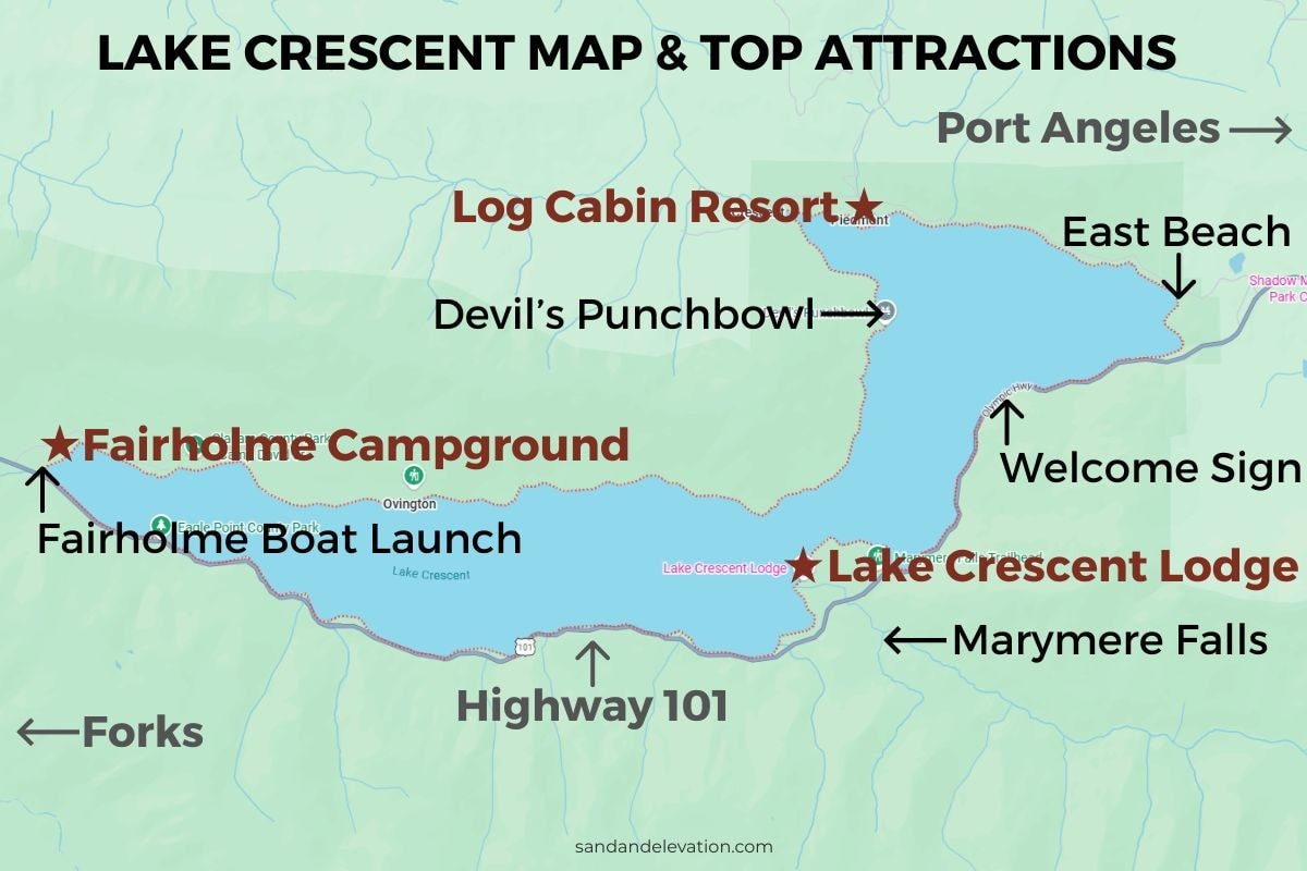 Map titled “Lake Crescent Map & Top Attractions” showing labeled locations around the lake.
