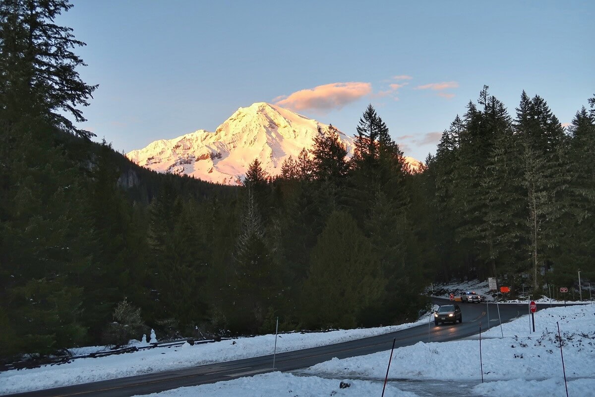 Snow lined road curves through a dense evergreen forest along the Longmire gate to Paradise for winter access to Mount Rainier as cars drive toward the mountains. In the background the snow covered peak glows with warm sunset light.