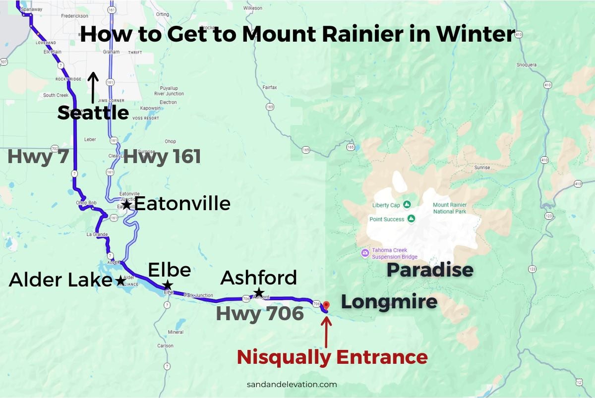 Map showing driving directions to Mount Rainier in winter with a highlighted route from Seattle through Eatonville, Elbe, and Ashford to the Nisqually Entrance.
