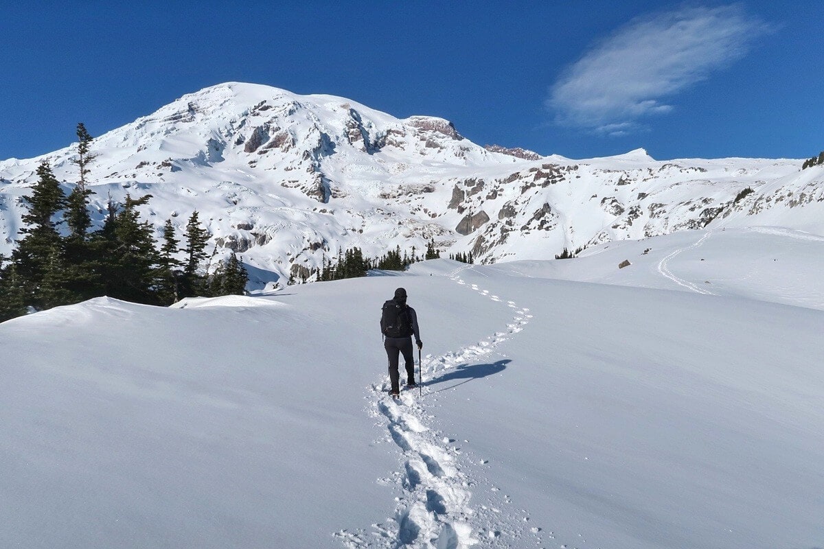 A person snowshoeing at Mount Rainier walks along a narrow trail of footprints through deep untouched snow toward a towering snow covered mountain. Evergreen trees line the left side while the bright blue sky and rugged peaks emphasize the remote winter landscape.