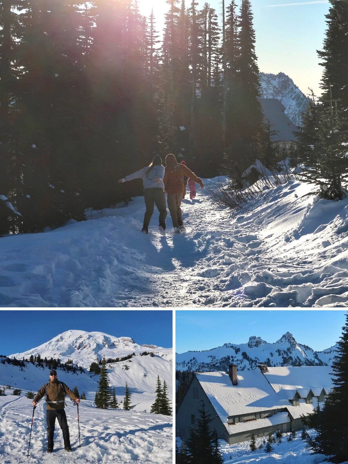 Three scenes showing winter recreation at Mount Rainier National Park. The top image shows two people walking along a snow covered trail, while the bottom images show a hiker with poles in an open snowy field and Paradise Inn surrounded by snow.