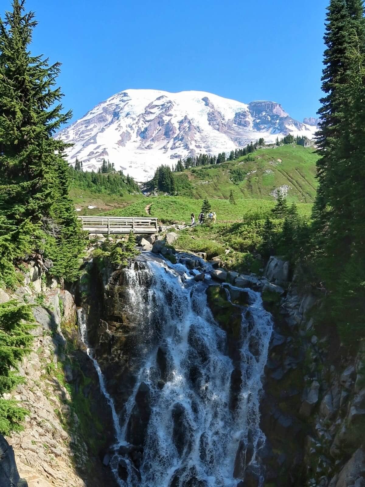 Myrtle Falls cascades over dark volcanic rock beneath a small wooden footbridge, with a snow covered mountain rising above green alpine meadows in the background, showcasing one of the most iconic waterfall views in Mount Rainier National Park.