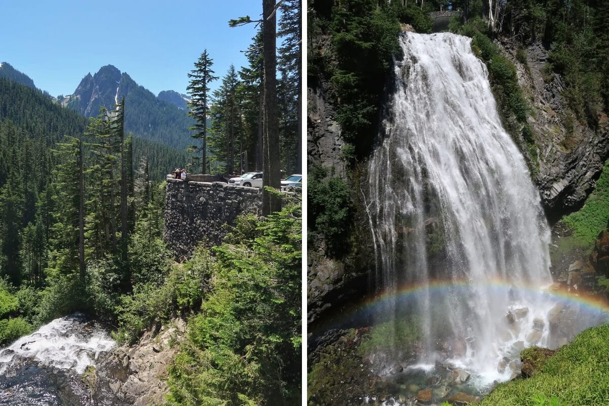 Split image showing two views of Narada Falls in Mount Rainier National Park. The left side features the forested overlook and stone viewing platform above the falls, while the right side shows Narada Falls plunging down a rocky cliff with a rainbow forming in the mist at its base.