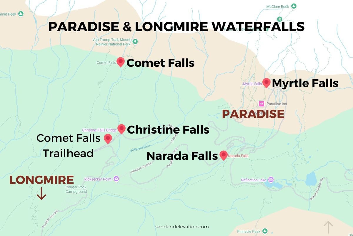 Map showing the locations of popular Mount Rainier National Park waterfalls in the Paradise and Longmire areas. The map includes labeled markers indicating where each waterfall or trailhead is located.