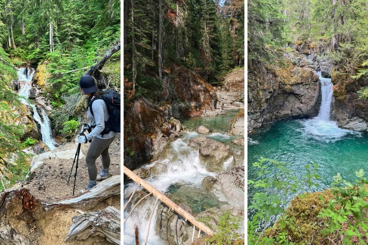 Three photos from the Eastside Trail to Stafford Falls show different views along the hike. The left image features a hiker overlooking Deer Creek Falls, the center shows the Chinook Cascades flowing through a rocky forest creek, and the right captures Stafford Falls dropping into a vivid turquoise pool surrounded by moss covered cliffs and evergreen trees.
