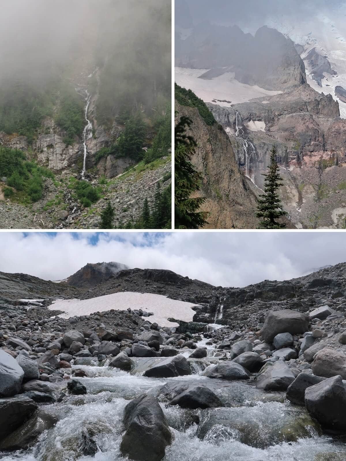 Three views of waterfalls along the Summerland Trail in Mount Rainier National Park. The top images show tall waterfalls descending steep cliffs beneath mist and glaciers, while the bottom image features a rocky alpine stream flowing from a small cascade across a rugged landscape of boulders, snowfields, and meltwater.