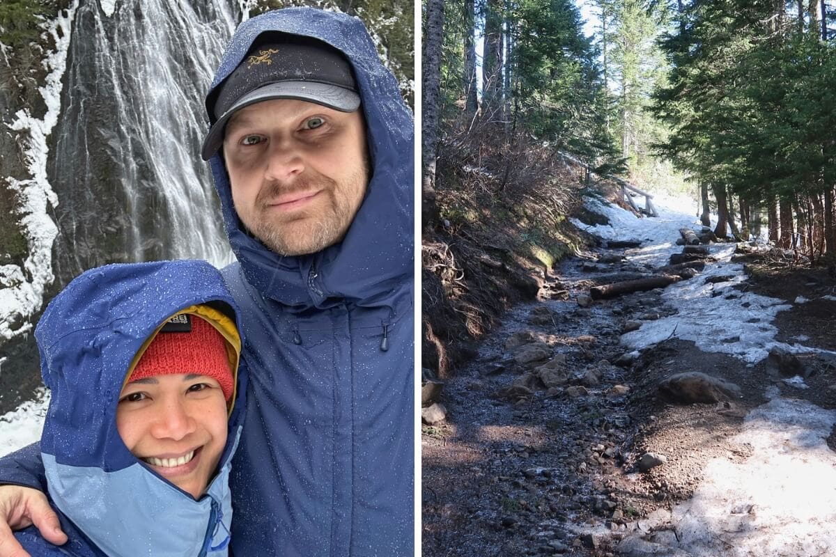 Split image showing a winter visit to a Mount Rainier waterfall. The left photo features two hikers in blue rain jackets smiling in front of a partially frozen waterfall, while the right shows a muddy forest trail with patches of snow and ice.