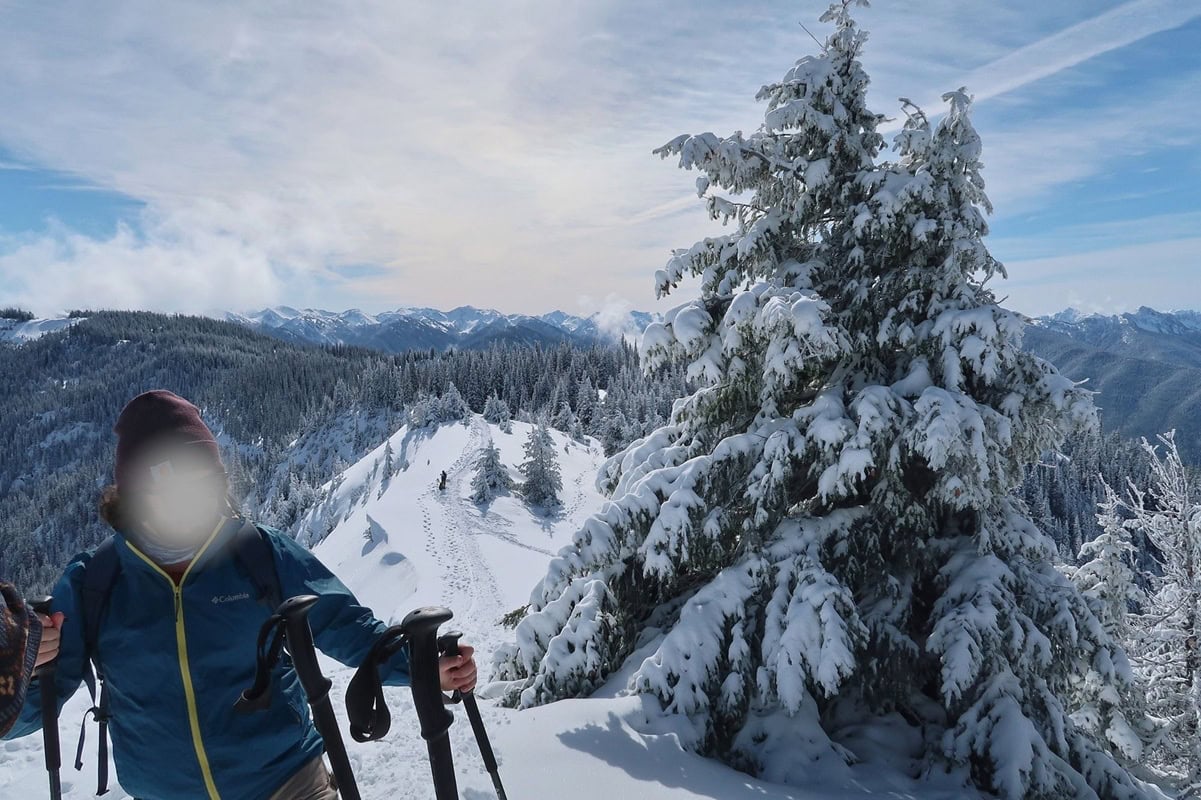 A snowshoer carrying trekking poles climbs along a narrow snowy ridge beside a large snow covered evergreen tree. Snow capped Olympic National Park peaks stretch across the horizon behind him.
