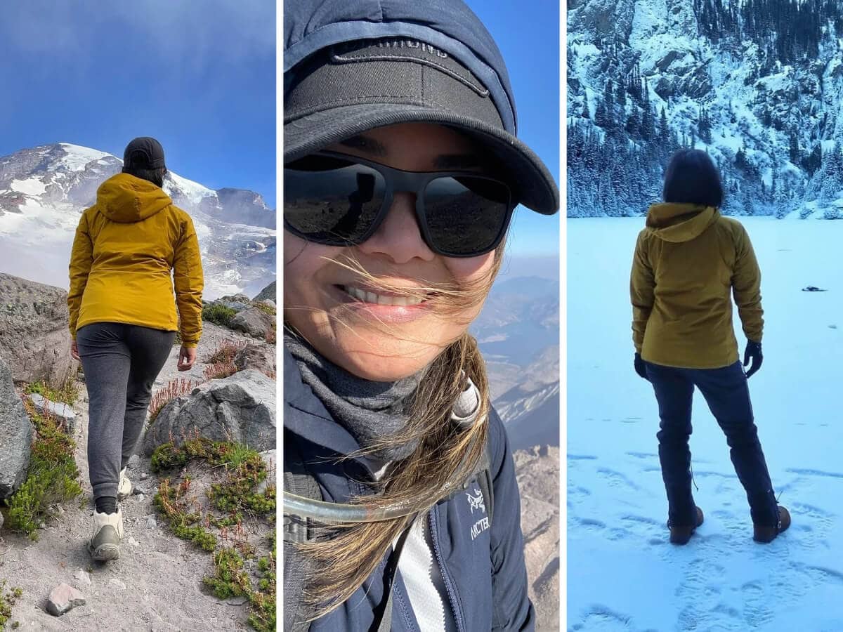A three photo collage showing a hiker wearing the best jacket for hiking year-round in different weather conditions. She wears a yellow jacket on a mountain trail, a navy jacket with a hood and sunglasses on a sunny hike, and a yellow jacket beside a frozen alpine lake.