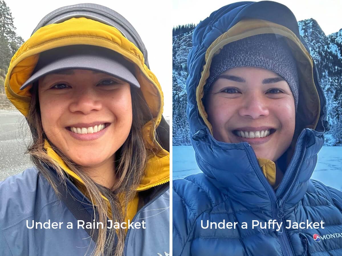 A side by side comparison showing a hiker layering jackets for rainy and cold weather. On the left she wears a yellow hooded jacket under a rain jacket. On the right she wears a yellow hooded jacket under a blue puffy jacket in snowy conditions.